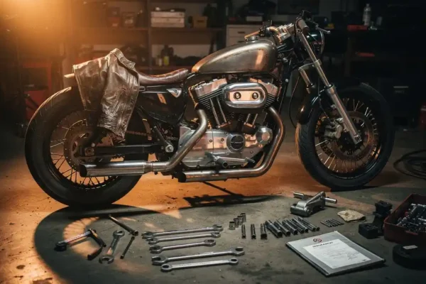 Gedeeltelijk gemonteerde custom motorfiets in garage met chromen motor, handgelast frame en versleten leren jas over de tank.