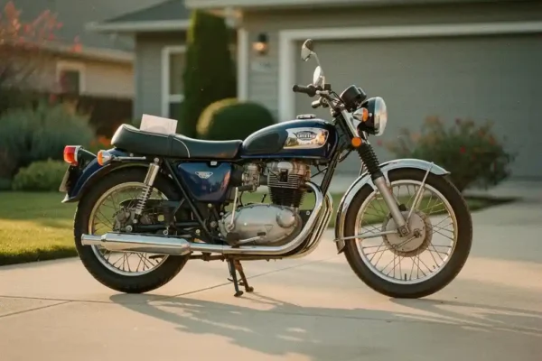 Klassieke motorfiets op een oprit bij een woonhuis, koopovereenkomst onder de zadel, warm middagzonlicht met lange schaduwen.