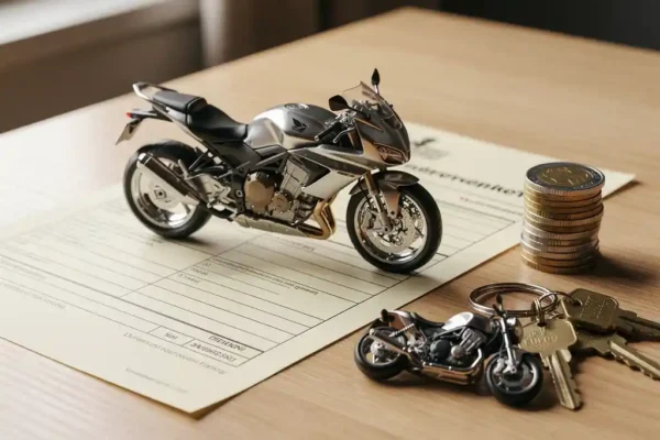 Glanzende motorfiets naast een Nederlands belastingdocument op houten bureau, met sleutels en euromunten, in warm amberkleurig licht.