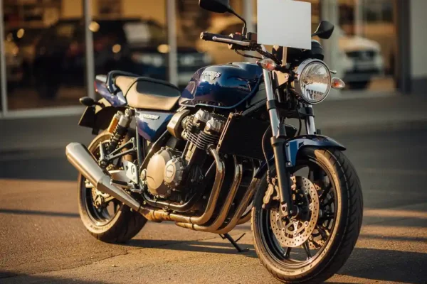 Glanzende metallic blauwe motor op verlicht dealerterrein met prijskaartje aan het stuur, gouden middaglicht op chroom.