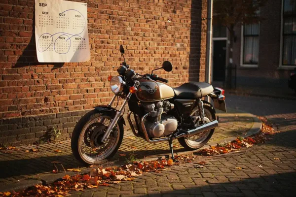 Motorfiets geparkeerd langs een bakstenen muur op een Hollandse straat, met herfstbladeren op de kinderkopjes en een papieren kalender.