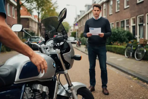 Motorfiets op een Nederlandse straat met twee mensen, één houdt verzekeringsdocumenten vast terwijl een ander de stuurpen aanraakt.
