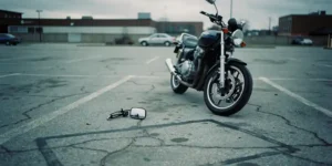 Eenzame motorfiets op een verlaten stedelijk parkeerterrein onder bewolkte lucht, met een vervaagd omtrekspoor op het asfalt en een achtergelaten zijspiegel.