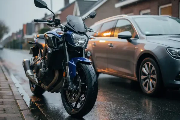Motorfiets naast een gezinsauto op een natte Nederlandse straat, met reflecties op het asfalt en een bewolkte lucht.