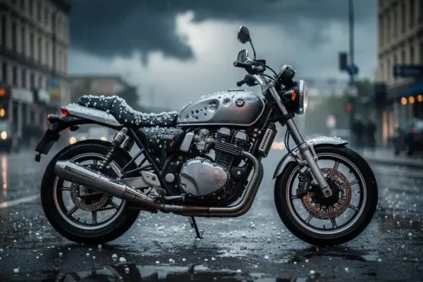 Motorfiets met hagelschade op nat wegdek, deuken zichtbaar op tank en zitting, dreigende stormlucht op de achtergrond.