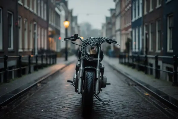 Motorfiets op een verlaten Nederlandse straat met hangslot en ketting over het stuur, bewolkte lucht, sombere sfeer.