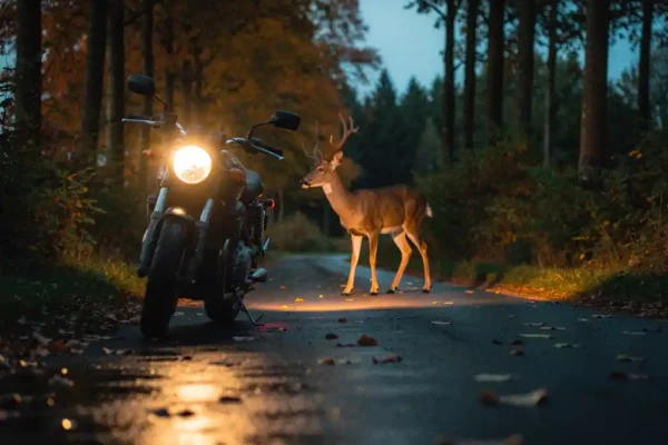 Motorfiets op een landelijke Nederlandse weg in de schemering, hert bevroren in de koplampen te midden van herfstbladeren op nat asfalt.
