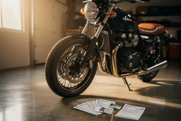 Motorfiets geparkeerd op garagevloer naast uitgespreide kentekenbewijs, rijbewijs en voertuigdocumenten in warm amberkleurig licht.