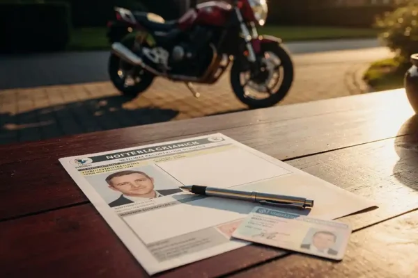 Motorfiets op oprit naast houten tafel met Nederlands kentekenbewijs, rijbewijs en pen in warm middaglicht.