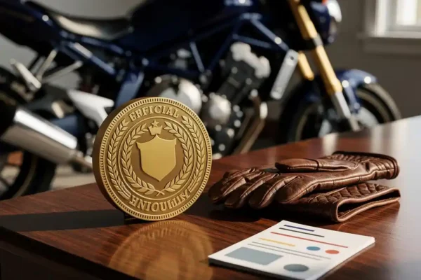 Glanzende motorfiets naast een kwaliteitskeurmerk op houten bureau, met leren handschoenen en verzekeringsdocumenten in warm licht.