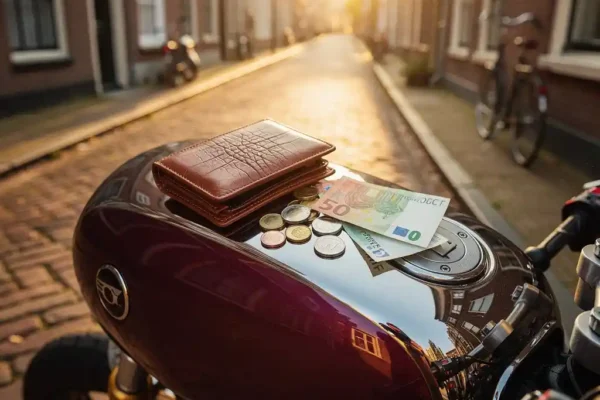 Glanzende motorfiets op een zonnige Amsterdamse klinkerstraat met open leren portemonnee, euromunten en bankbiljetten op de tank.