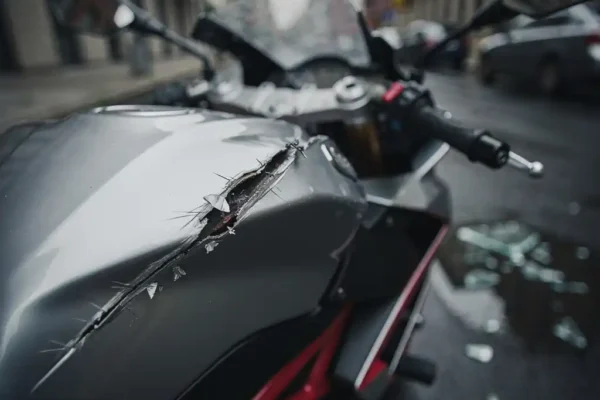 Diep gekraste lak op de benzinetank van een zilveren motorfiets, geparkeerd op een natte stadsstraat met glasscherven op het asfalt.
