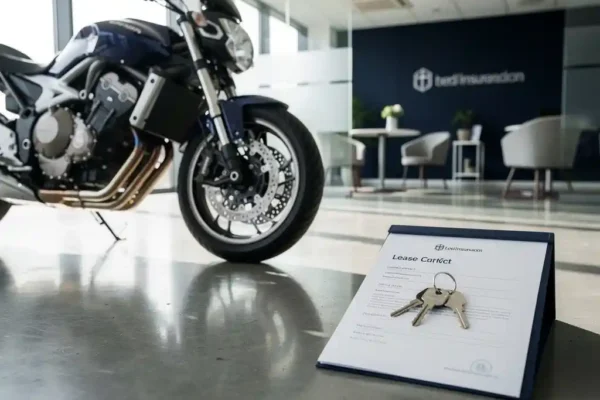 Glimmende motor naast een leasecontract op betonnen vloer, met sleutels bovenop, in modern Nederlands verzekeringskantoor.