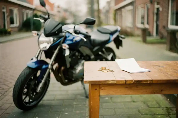 Motorfiets geparkeerd op een rustige Nederlandse straat naast een houten tafel met euromunten en een gevouwen document.