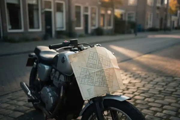Motorfiets op rustige Nederlandse woonstraat met uitgevouwen papieren kaart op de benzinetank, klinkers en bakstenen huizen op de achtergrond.