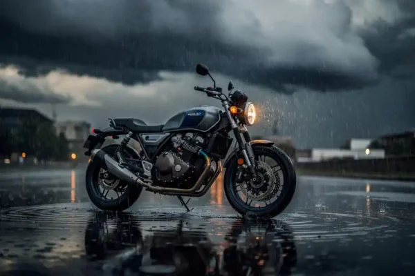 Motorfiets geparkeerd op nat, regenachtig asfalt met weerspiegeling van chromen details, dramatische stormlucht op de achtergrond.