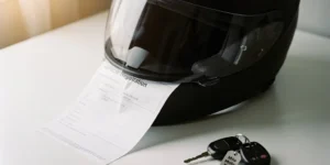 Motorregistratiebewijs onder zwarte helm op wit bureau, met sleutels ernaast in zacht natuurlijk licht.