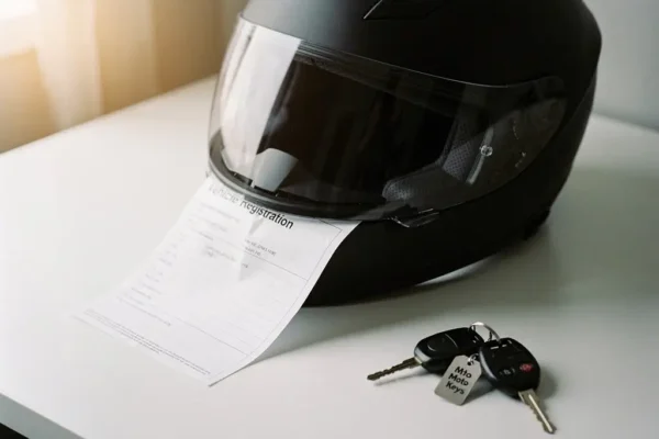 Motorregistratiebewijs onder zwarte helm op wit bureau, met sleutels ernaast in zacht natuurlijk licht.