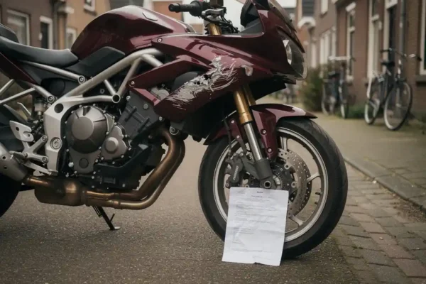 Motorfiets met deuk op kuip geparkeerd op Nederlandse straat, met verkreukeld schadeclaim formulier tegen het voorwiel.