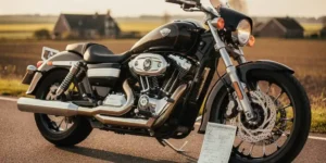 Zware motorfiets met glanzende chromen motor op asfalt, verzekeringsdocument tegen voorband, Nederlands landschap op de achtergrond.