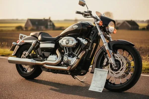 Zware motorfiets met glanzende chromen motor op asfalt, verzekeringsdocument tegen voorband, Nederlands landschap op de achtergrond.