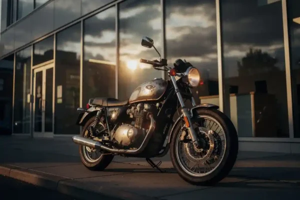 Verweerde motor geparkeerd voor een modern verzekeringsgebouw, verlicht door een warme gouden zonnestraal door bewolkte lucht.