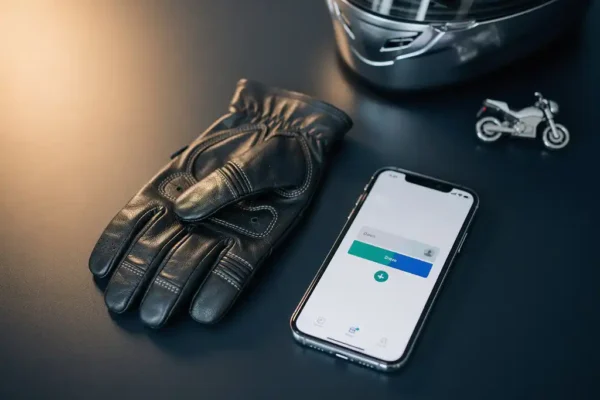 Leren motorhandschoen naast smartphone met bankapp-bevestiging, motorhelm en sleutelhanger op donker bureau.