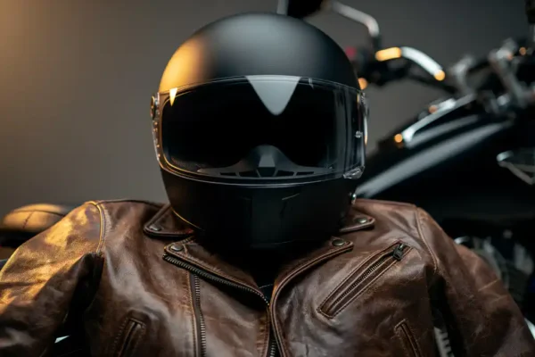Matzwarte motorhelm op een verweerde leren jas over een motorzadel, met zachte studiolichtval en onscherpe chromen details op de achtergrond.