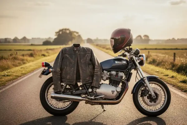 Versleten leren motorjas en moderne helm op het zadel van een toermotor, met een Nederlandse landweg en middagzon op de achtergrond.
