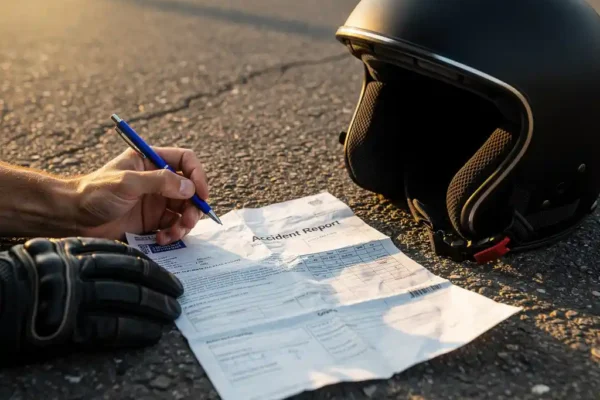 Gehandschoende hand vult Europees aanrijdingsformulier in op asfalt, naast motorhelm, in warm middaglicht.