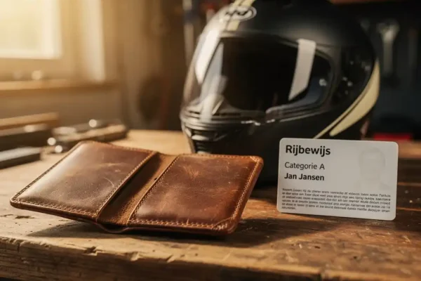 Versleten leren motorportemonnee open op een werkbank naast een gelamineerd rijbewijs A, met een motorhelm op de achtergrond.