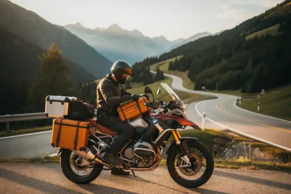 Motorrijder in rijuitrusting die bagage vastsjort op een toermotor op een slingerende Alpenpas bij gouden avondlicht.
