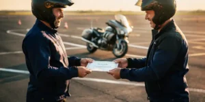 Motorrijder in beschermende uitrusting ontvangt certificaat van instructeur op buitenrijbaan, toermotorfiets op achtergrond.