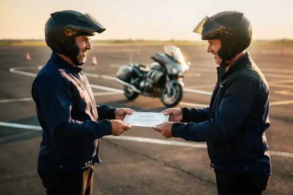 Motorrijder in beschermende uitrusting ontvangt certificaat van instructeur op buitenrijbaan, toermotorfiets op achtergrond.