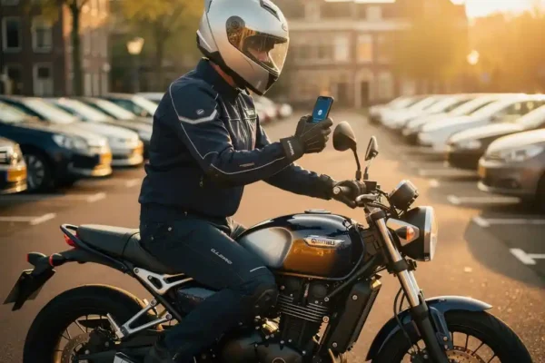 Motorrijder in rijuitrusting bekijkt smartphone op moderne motor in zonnig Nederlands parkeerterrein, gouden middaglicht.