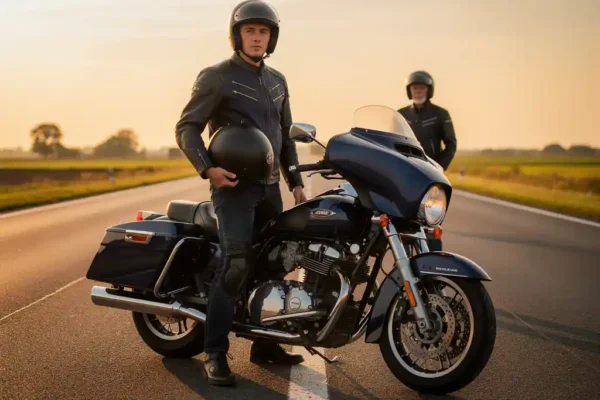 Jonge motorrijder in volledig leren uitrusting naast een klassieke toermotor op een Nederlandse snelweg bij gouden-uursbelichting.