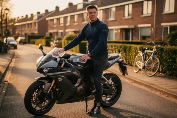 Jonge volwassene in motorjack naast geparkeerde sportmotor op rustige Nederlandse straat, gouden uurtje.