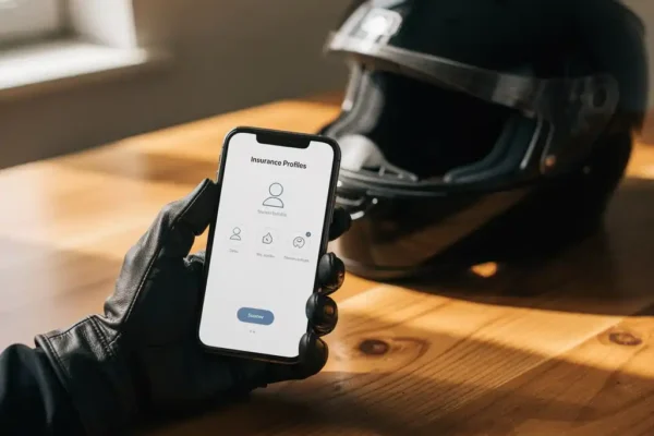 Motorrijder met leren handschoen houdt smartphone vast met verzekeringsprofiel, zwarte helm op houten bureau op de achtergrond.