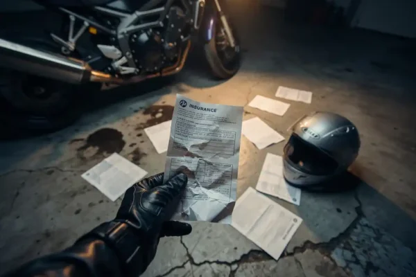 Motorrijder met leren handschoen houdt verfrommeld verzekeringsdocument vast naast geparkeerde motor in garage.