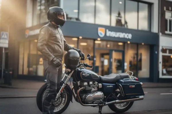 Motorrijder in rijuitrusting naast een klassieke toermotor voor een Nederlands verzekeringskantoor in warm middaglicht.