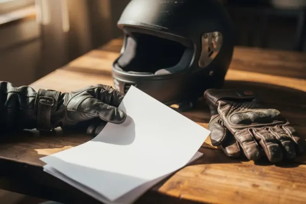 Motorrijder houdt verzekeringspolis open naast klassiek helm en leren handschoenen op houten tafel, warm middaglicht.