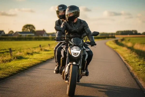 Twee motorrijders met helmen rijden samen over een schilderachtige Nederlandse landweg in warm middagzonlicht.