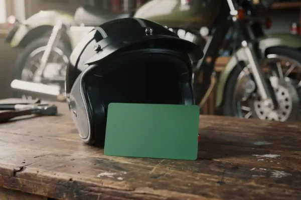 Groene verzekeringspas leunend tegen motorhelm op verweerde werkbank, klassieke motor vaag zichtbaar op achtergrond.