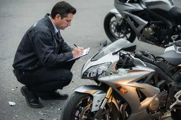 Motorverzekering expert inspecteert beschadigde motor met klembord op grijs asfalt, zichtbare deukken en gebarsten kuip.