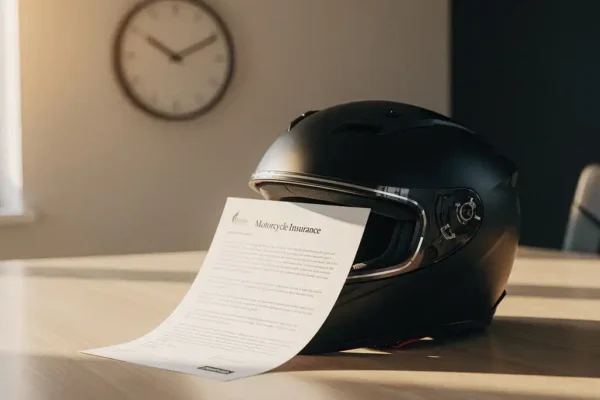 Motorverzekeringsdocument onder een helm op een bureau, met een wandklok op de achtergrond in warm amberkleurig licht.