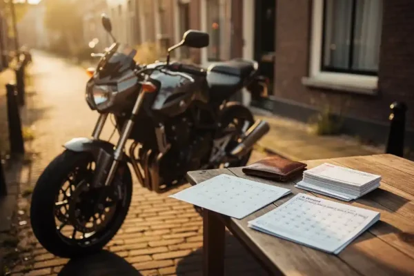 Motorfiets geparkeerd op zonnige Nederlandse straat naast tafel met maand- en jaarkalender, leren portemonnee en verzekeringsdocumenten.