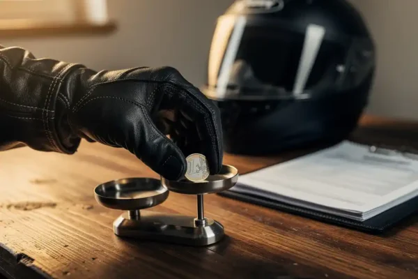 Motorrijder met handschoen legt euromunt op weegschaal, met helm en verzekeringsdocument op houten bureau.
