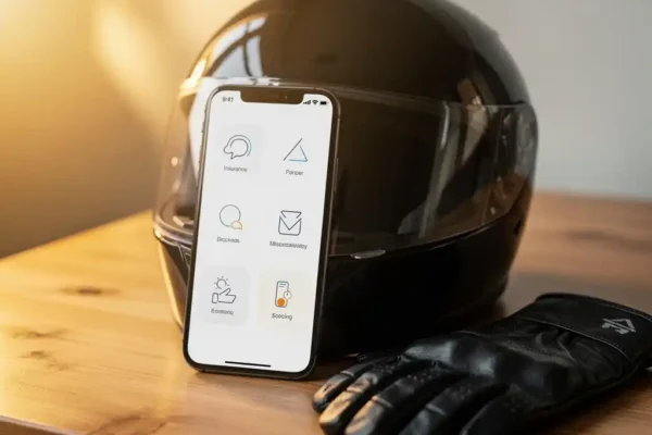Smartphone met verzekeringsdocument leunend tegen een motorhelm op houten bureau, met rijhandschoen en warm zijlicht.