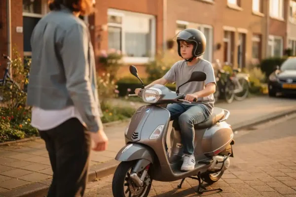 Tiener met helm op geparkeerde scooter in Nederlandse woonstraat, begeleid door een ouder in middagzon.