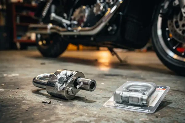 Beschadigd motorslot met krassen van inbraakpoging op verweerde garagevloer, met zwarte motor en nieuw vervangend slot in verpakking.